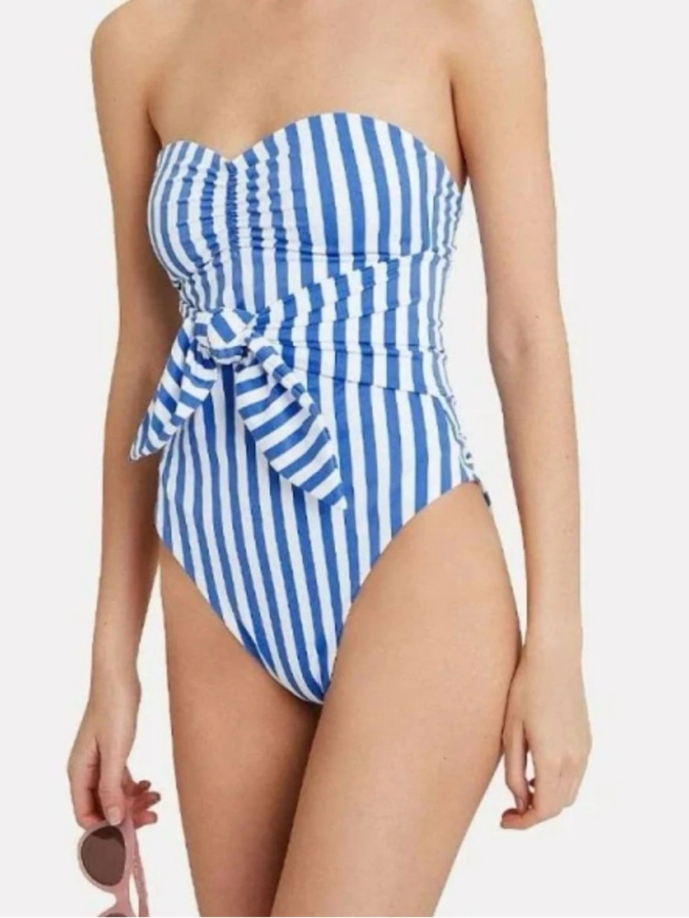 Onia Women’s Blue/White Striped Bandeau Strapless One Piece Swimsuit Size Large